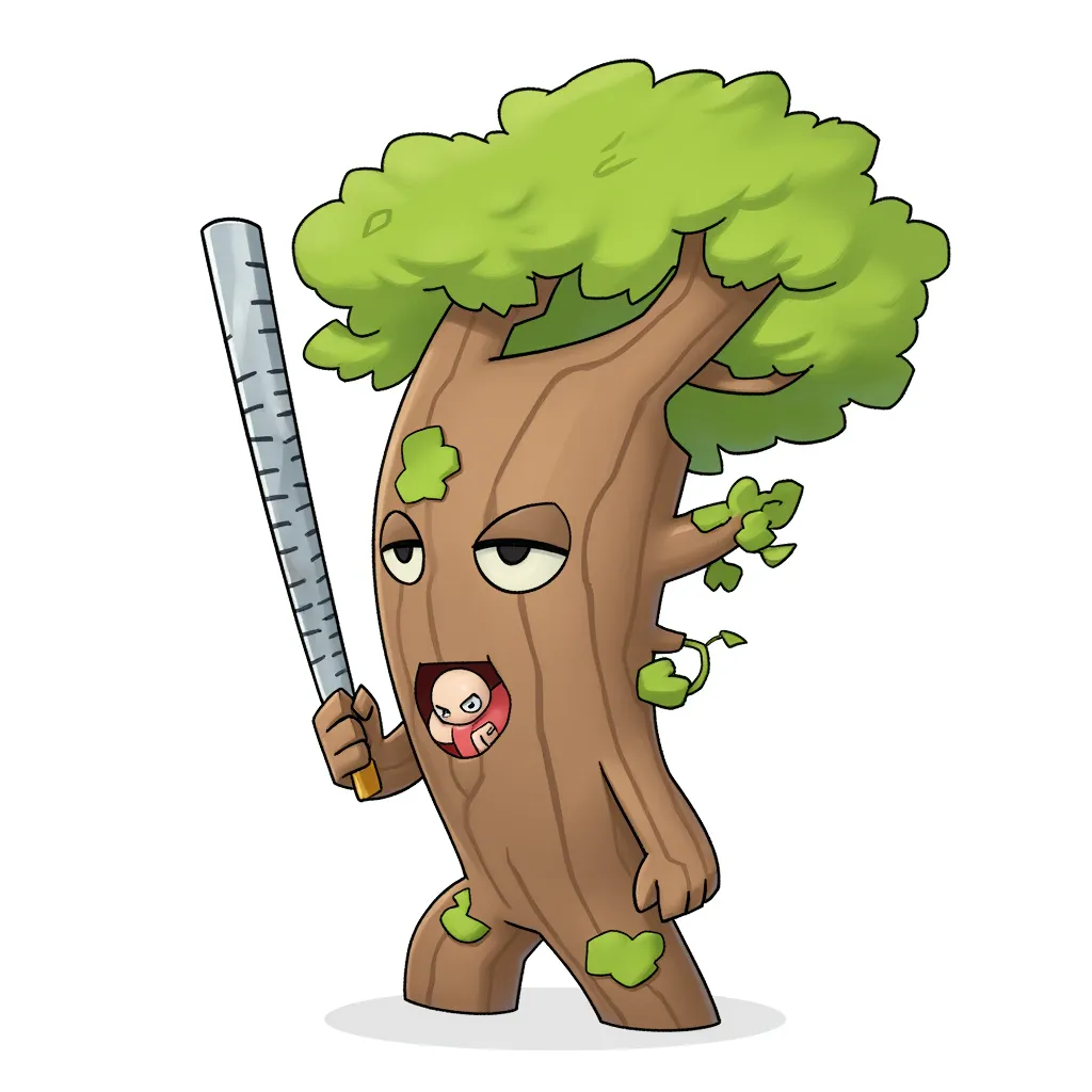 cartoon illustration of a walking tree creature with leafy green canopy for hair, holding a large ruler like a weapon, small creature peeking from its mouth, calm expression, clean line art, soft digital shading, centered on white background, fantasy chibi character, digital art