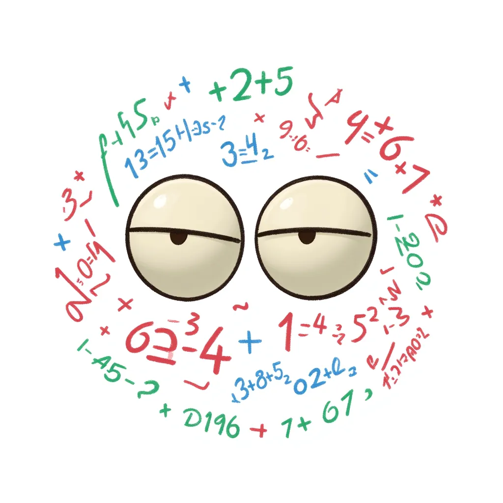 cartoon illustration of a floating pair of eyes surrounded by colorful mathematical equations and symbols, playful expression, vibrant red blue and green text, clean line art, flat digital shading, centered on white background, abstract fantasy creature, humorous tone