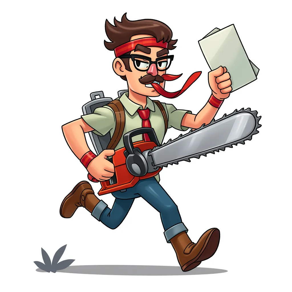 An office man rocking a moustache and glasses, got sick of using paper so he grabbed a chainsaw, wrapped his tie around his forehead and is running to the nearest forest.