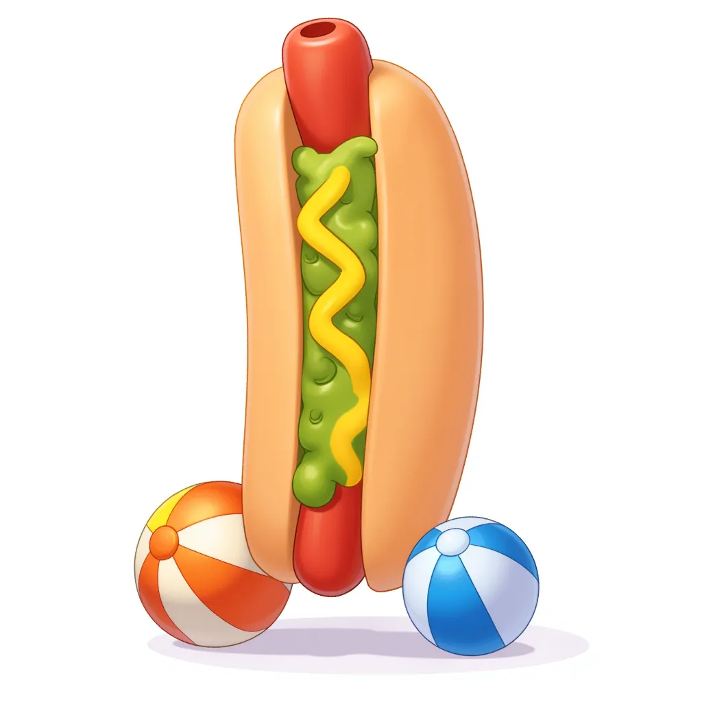 A standing hotdog with two beachballs at its feet