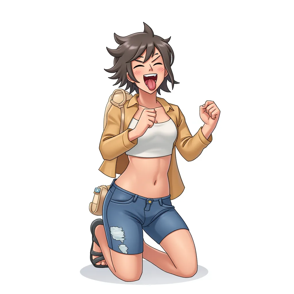 female kneeling, mouth open, tongue out in the style of AIBG, white background