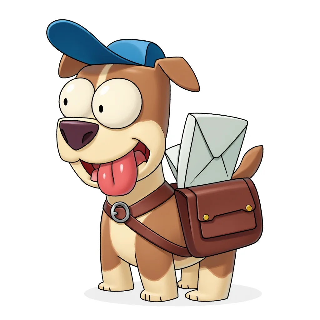 cartoon illustration of a happy brown dog with large eyes, blue cap, tongue out, and a mailbag full of letters, clean line art, soft digital shading, centered on white background, cute chibi delivery dog character, digital art