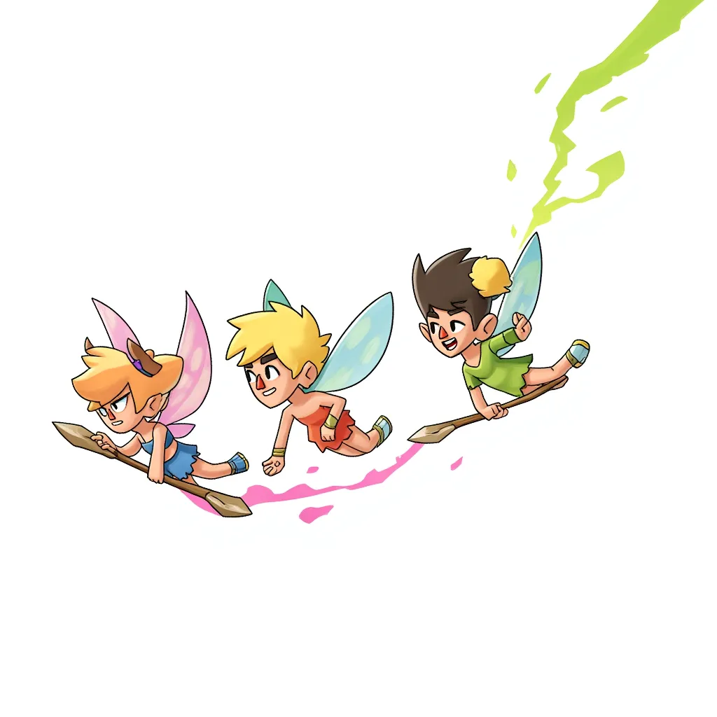 cartoon illustration of three small fairies flying in formation, each holding a wooden spear, colorful wings and clothes, energetic motion trail of green and pink smoke, clean line art, flat digital shading, centered on white background, stylized chibi fantasy characters, dynamic composition