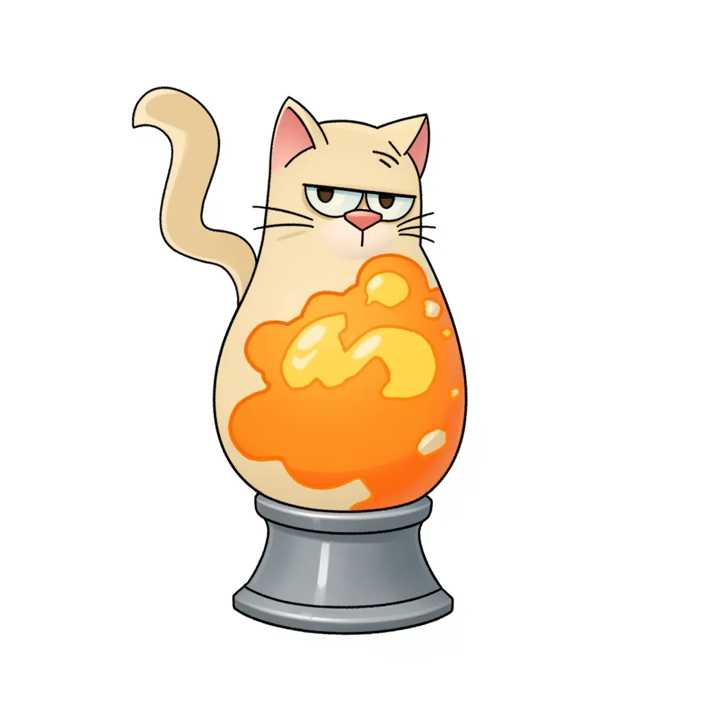 cartoon illustration of a mischievous cat with a lava lamp body, swirling orange and yellow patterns inside, small scratch above its right eye, smirking expression, soft digital shading, clean line art, centered on white background, stylized chibi creature design, humorous tone