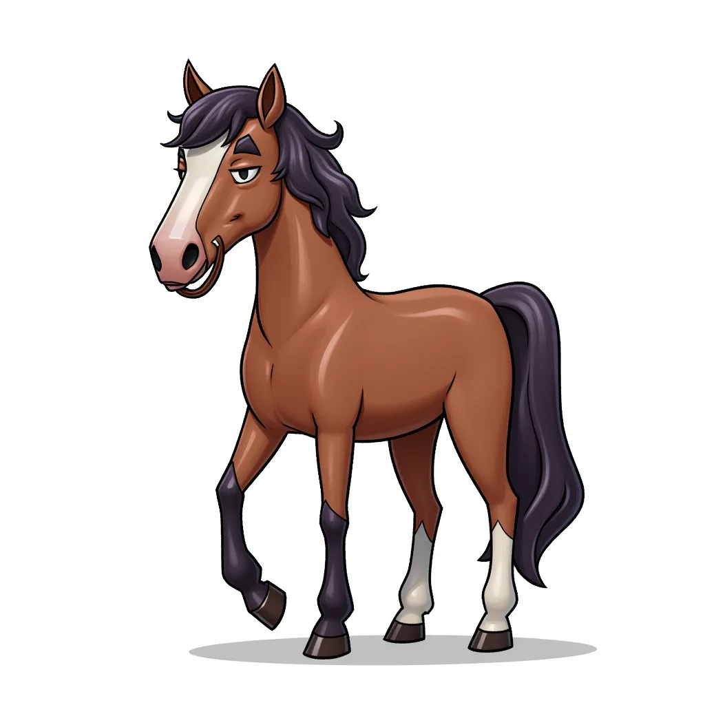 a horse with the face of elon musk in the style of AIBG, white background, full body shot