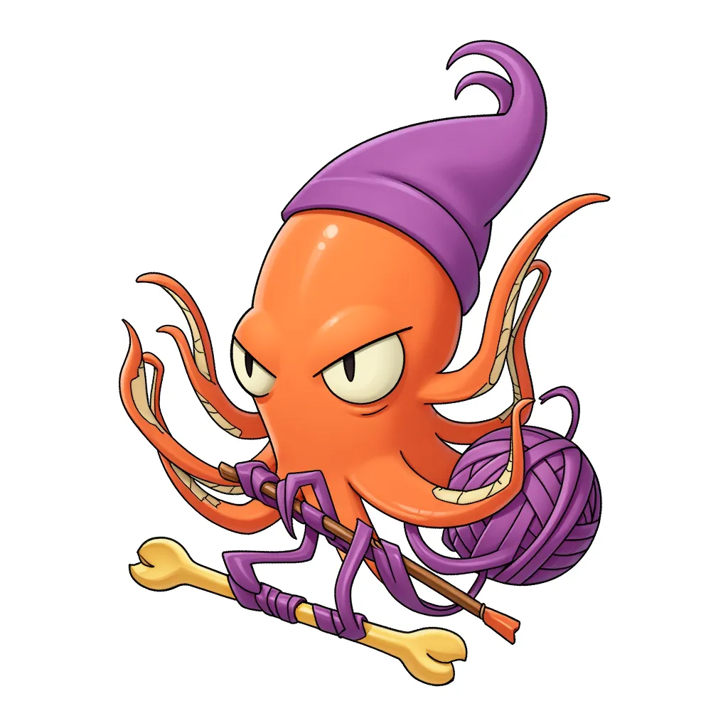 cartoon illustration of an orange octopus wearing a purple beanie, knitting with two needles and a ball of yarn, serious expression, clean line art, flat digital shading, centered on white background, stylized chibi creature, humorous design