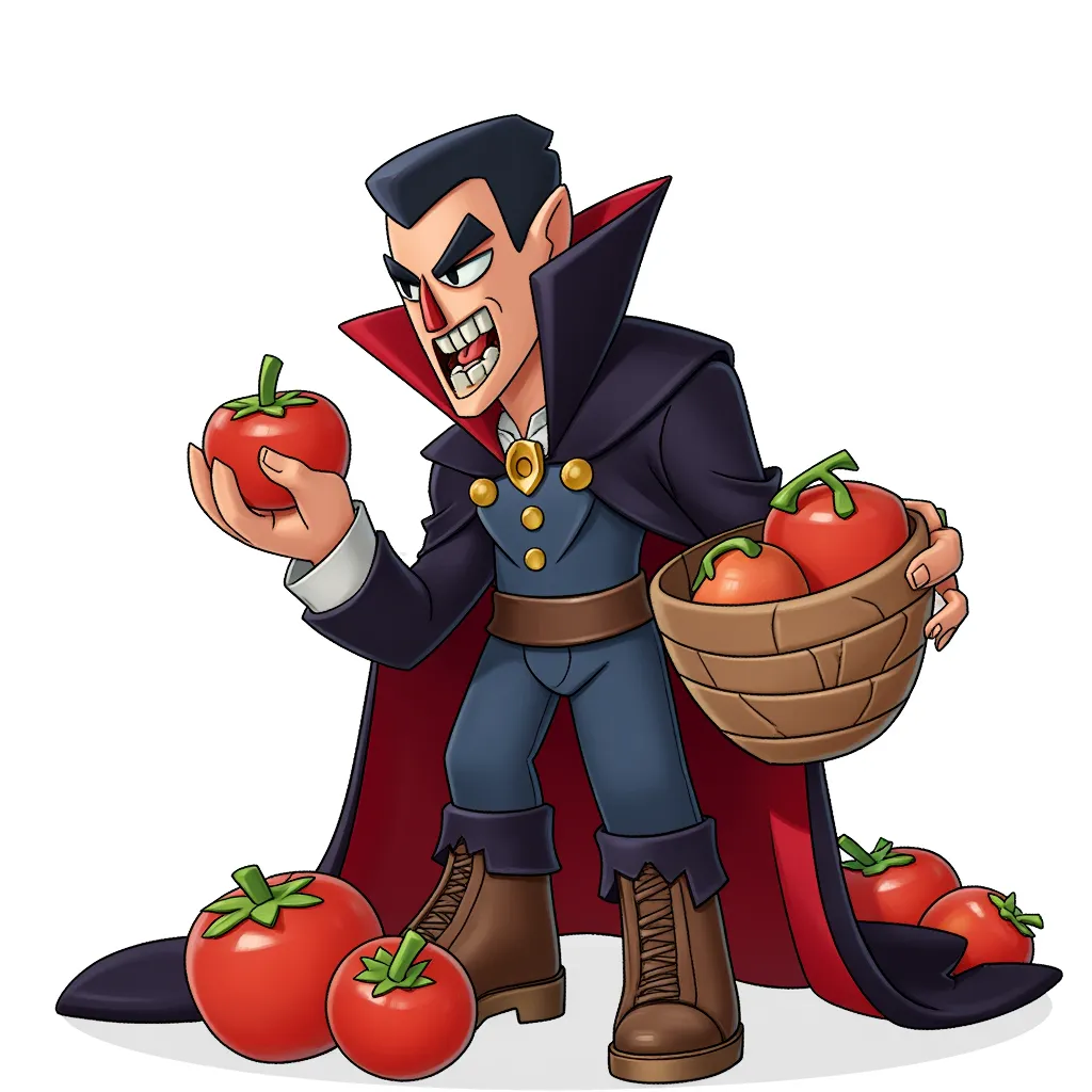 Vegan dracula realized that tomatoes can speak, and scream in fear as well. He now harvests his preys wearing some nice dark overalls.