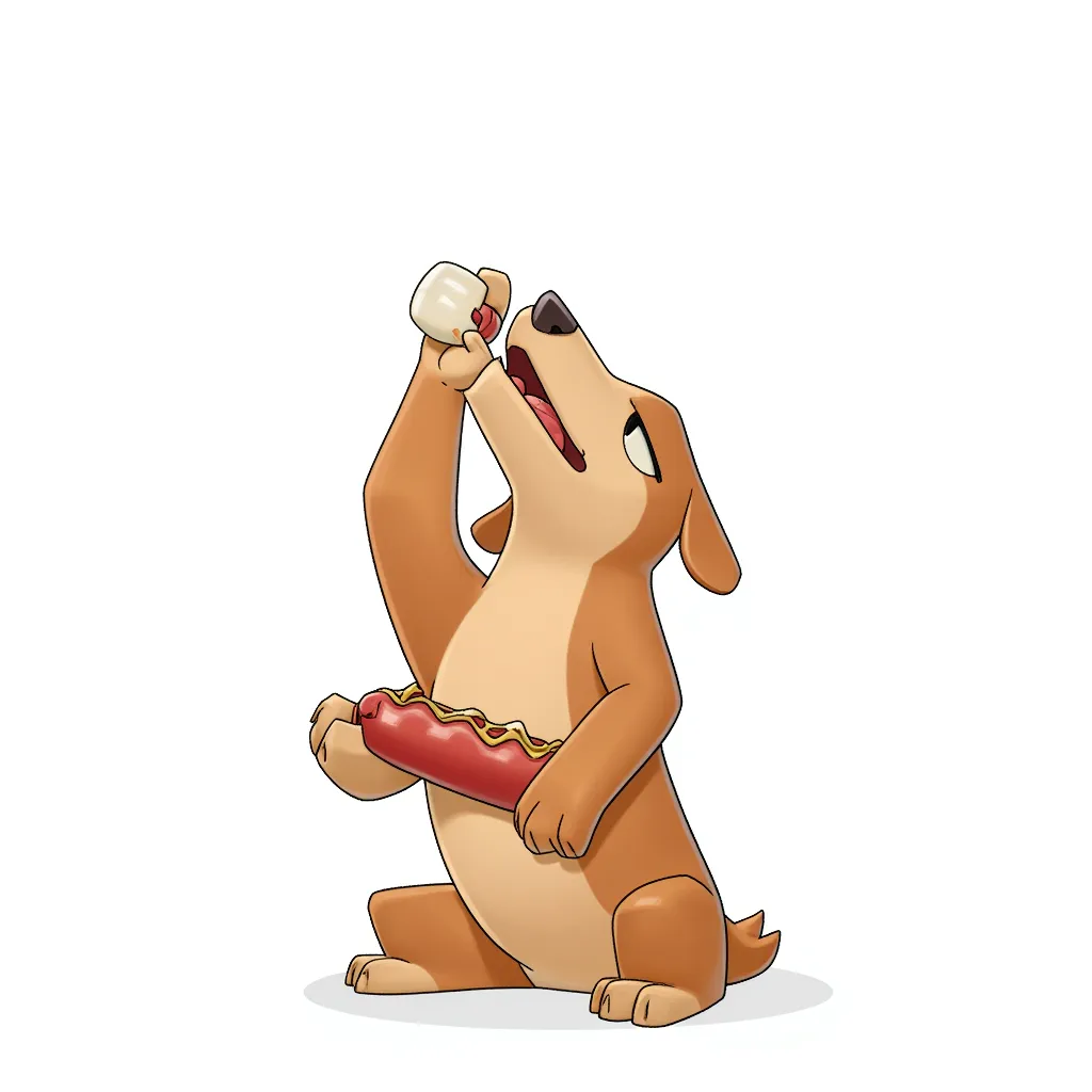 female kneeling mouth open facing dog standing up with a hot dog attached to its stomach in the style of AIBG, white background