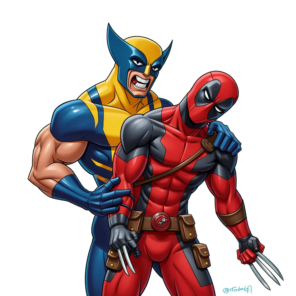 wolverine giving deadpool a handjob in the style of AIBG, white background
