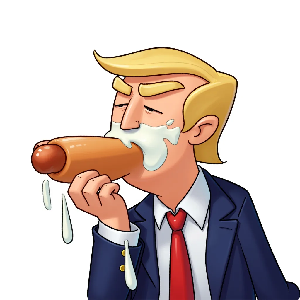 Donald Trump sumptuously enjoying huge amounts of sticky white goopy milk yogurt splattered on his face coming from a tan hot dog with a mushroom end that he is staring at longingly enjoying himself and all of this sticky goop on him in the style of AIBG, white background