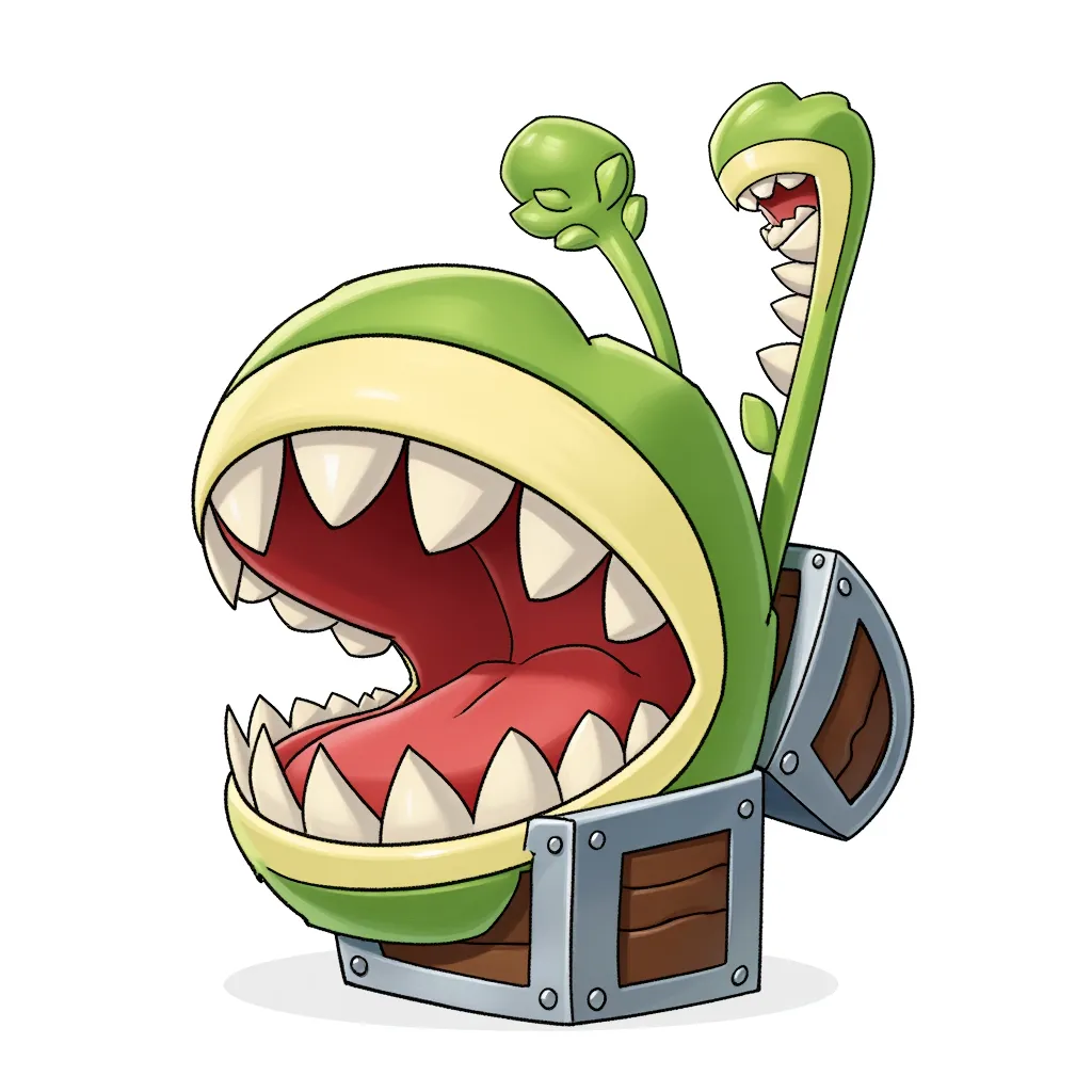 cartoon illustration of a plant monster with a large jaw full of teeth emerging from an open treasure chest, green stem, small secondary bud with teeth, clean line art, soft digital shading, centered on white background, fantasy chibi creature design, digital art