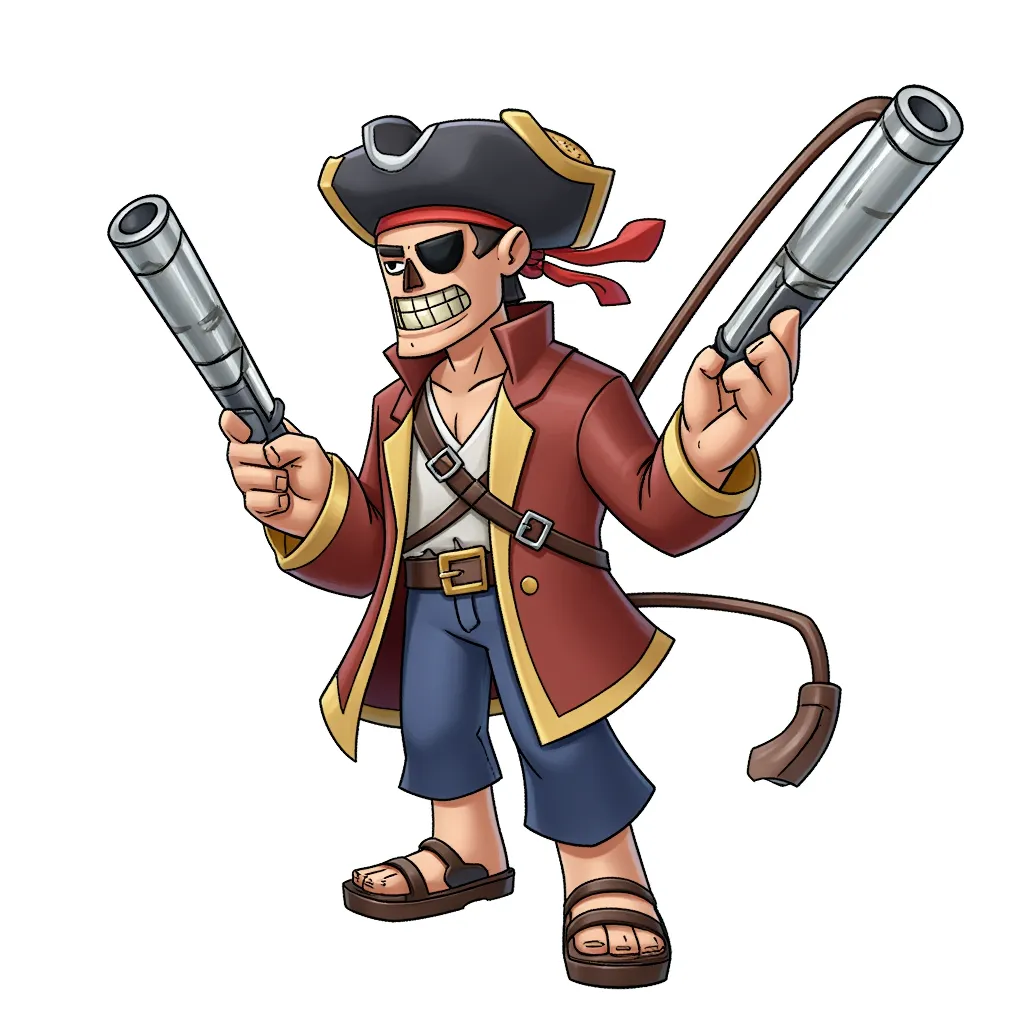 a two-headed pirate with bazooka arms