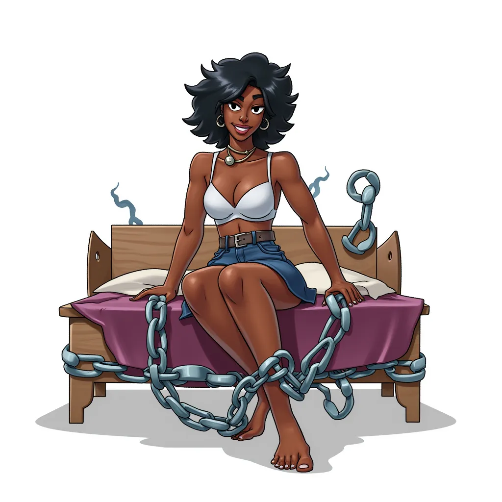 a black woman chained to a bed in the style of AIBG, white background