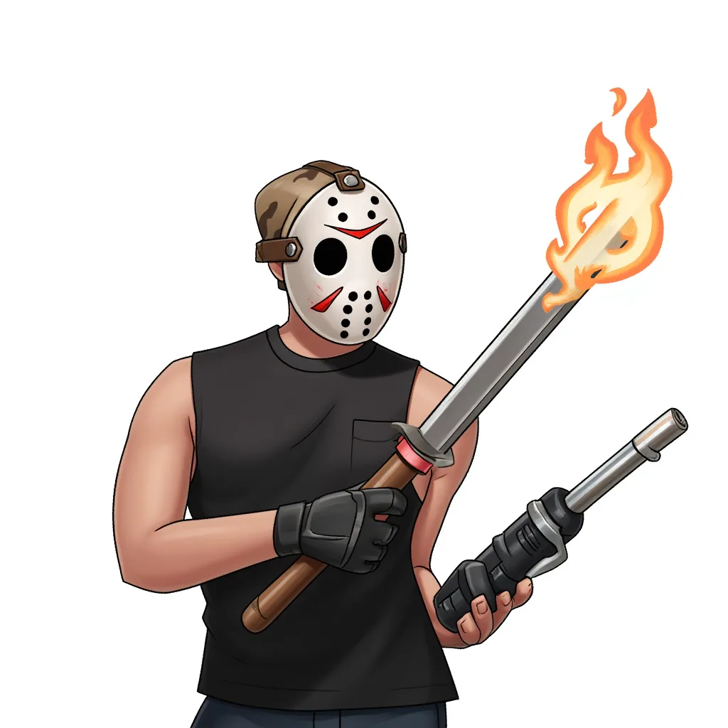 Create an image of a white hockey mask featuring red markings, positioned to face left. Include the elements of heavy breathing, gloves, a machete, and a flamethrower. Ensure the entire scene is fully visible against a plain white background. Render the image in the style of AIBG.