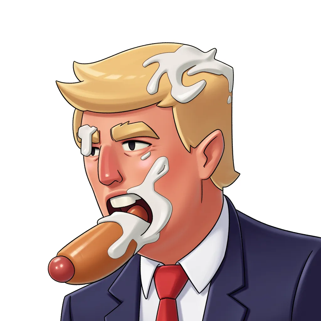 Donald Trump sumptuously enjoying huge amounts of sticky white goopy milk yogurt splattered on his face coming from a tan hot dog with a mushroom end that he is staring at longingly enjoying himself and all of this sticky goop on him