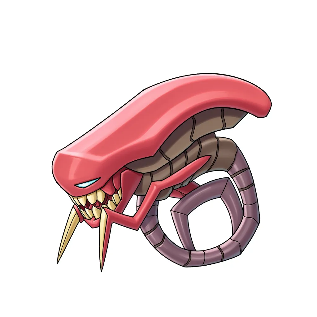 cartoon illustration of a red-armored alien insect creature with long claws, segmented tail, and menacing posture, clean line art, flat digital shading, centered on white background, stylized chibi sci-fi monster design, digital art
