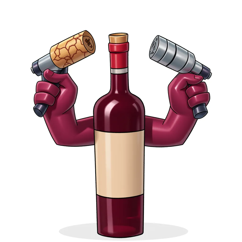 An animated bottle of red wine, with a cork gun and huge arms