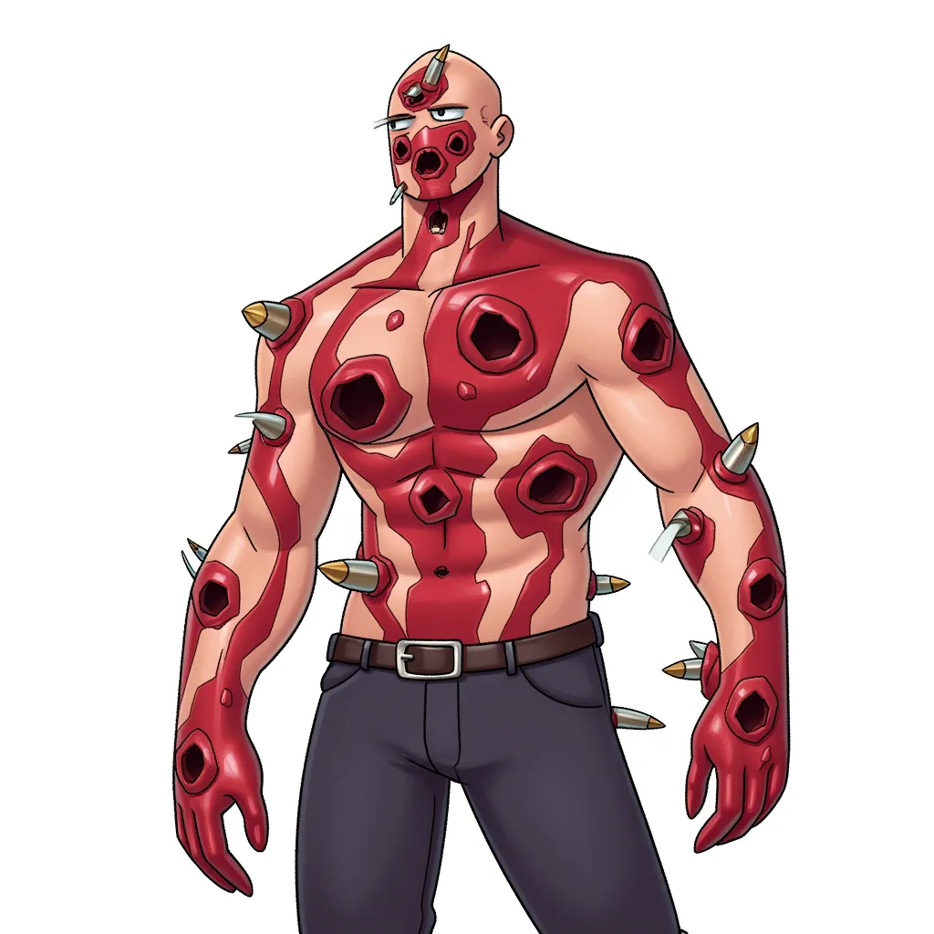 Full body covered in blood, with multiple huge bullet holes that look suspiciously like puckered buttholes