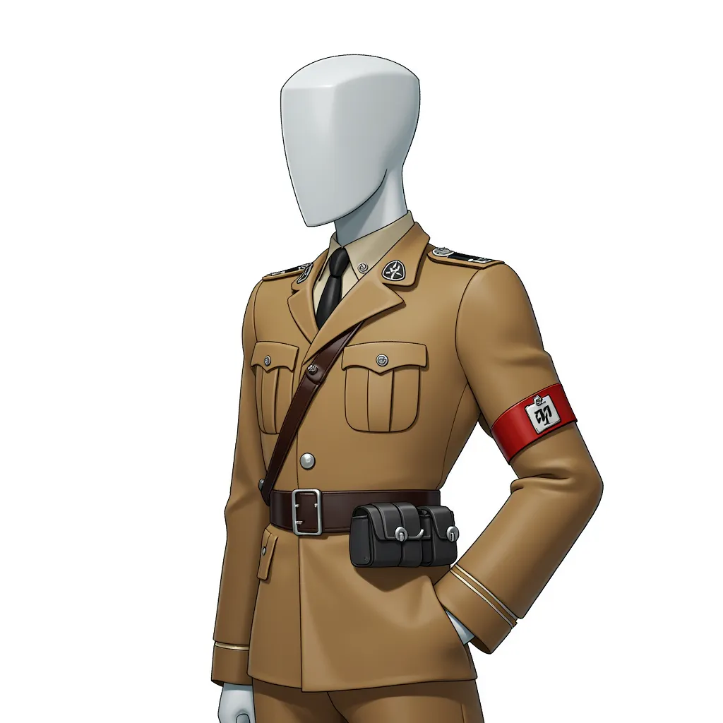 a white man in a tan SS uniform in the style of AIBG, white background