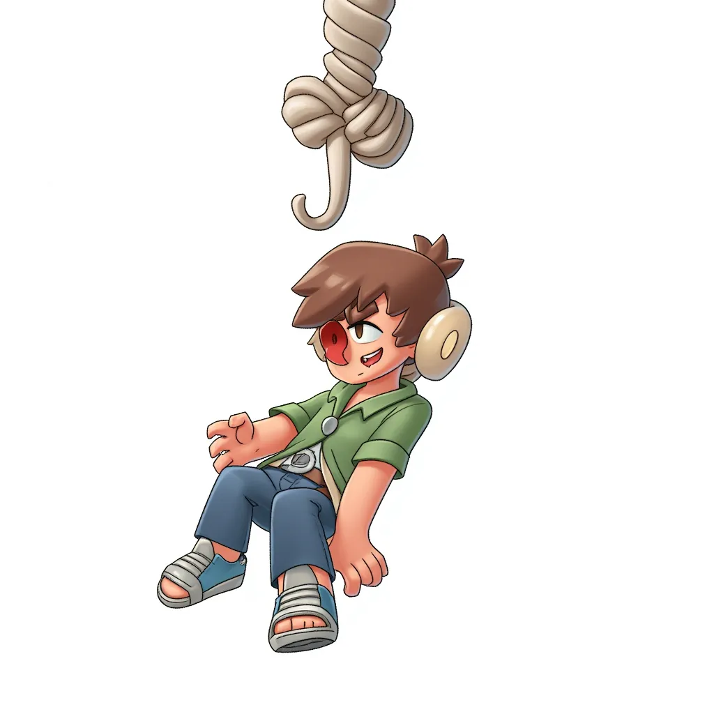 boy with a noose around neck, hanging from the ceiling