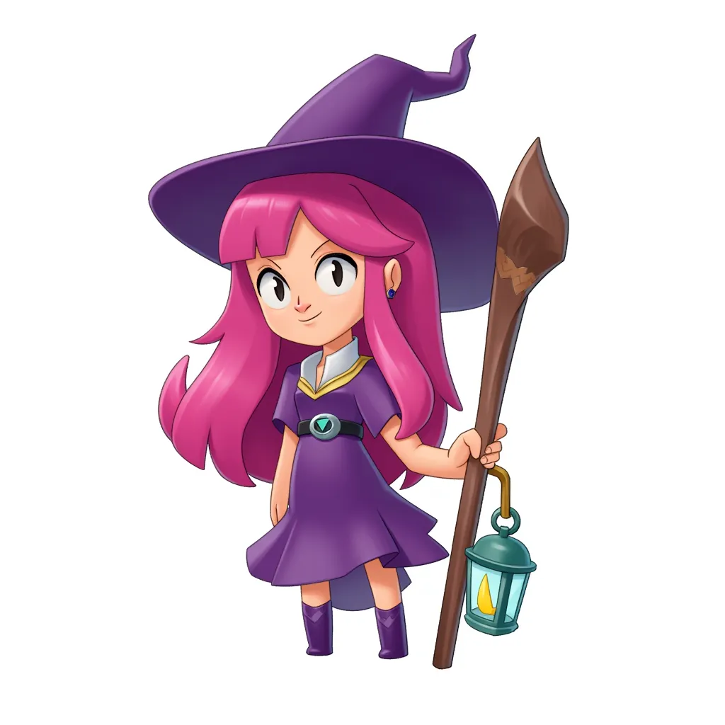Cute magenta haired witch always has a lantern hanging from her staff.