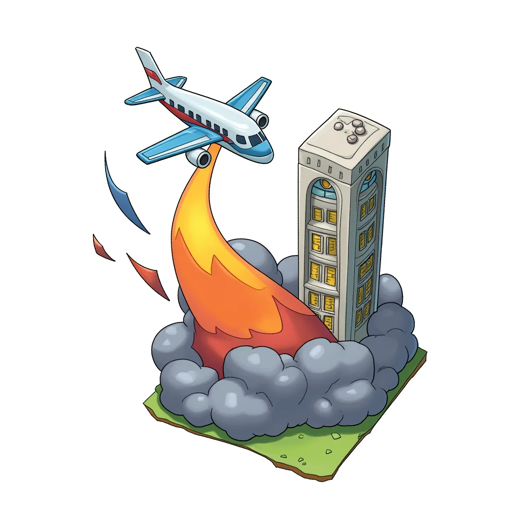 plane flying next to tall building, explosion fire in the style of AIBG, white background