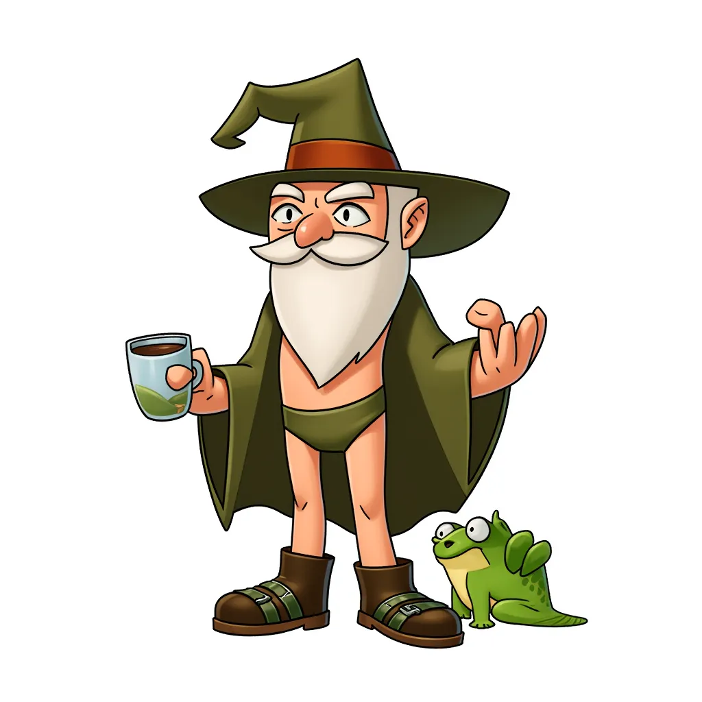 The coffee wizard is always full of energy. But he never uses it to change out of his undies and frog slippers.