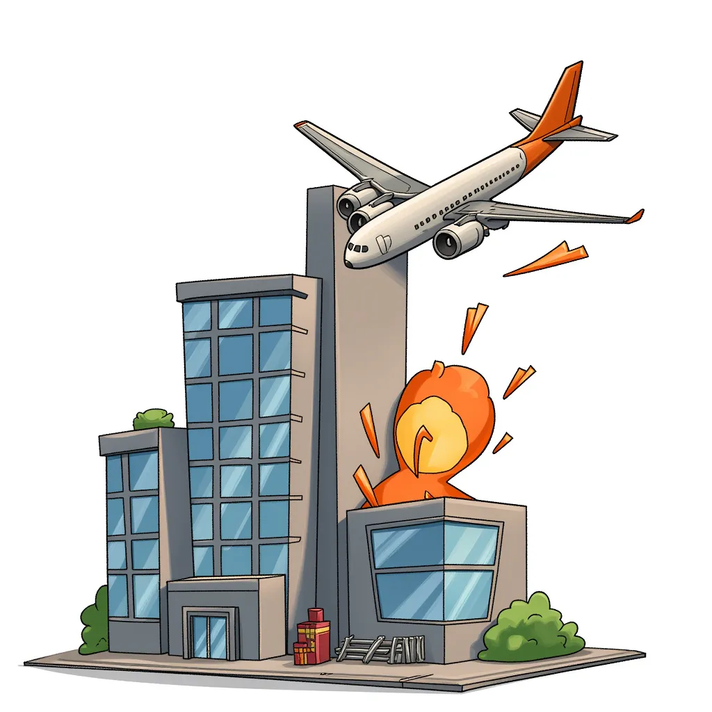plane flying next to tall building, explosion fire