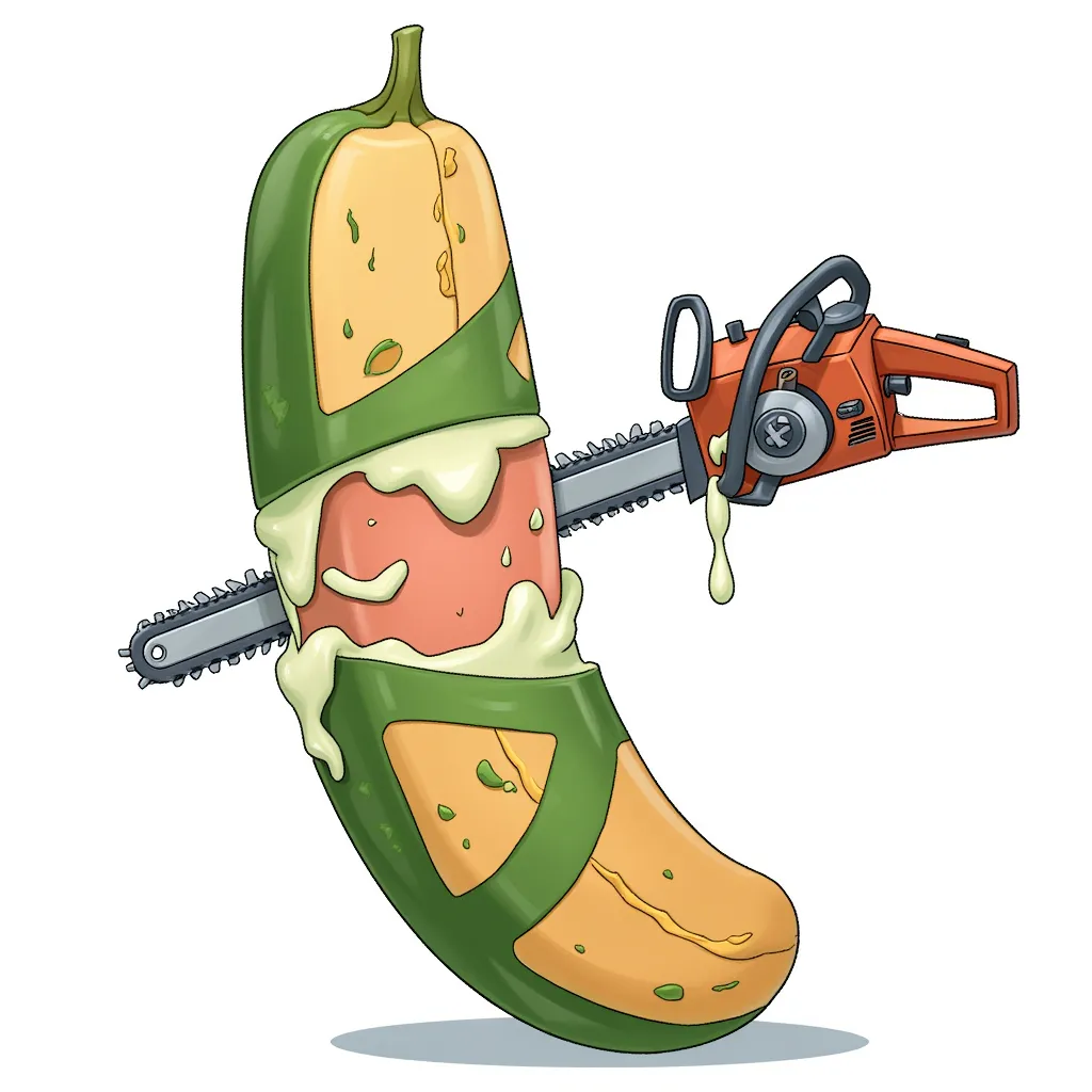 Huge penis-looking tan and veined cucumber accidentally chopped in half by a chain saw, instead of blood, white yogurt spills from the wounds at the bulging tip onto the peach ice cream center shaft