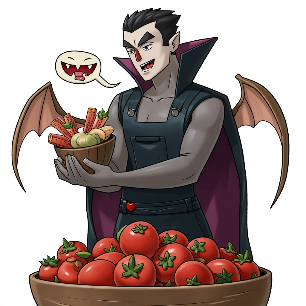 Vegan dracula realized that tomatoes can speak, and scream in fear as well. He now harvests his preys wearing some nice dark overalls.