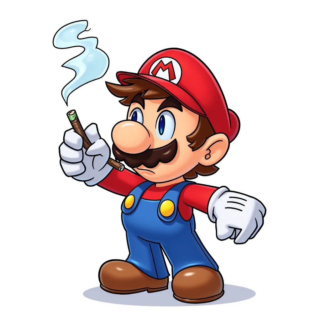 mario smoking a joint in the style of AIBG, white background