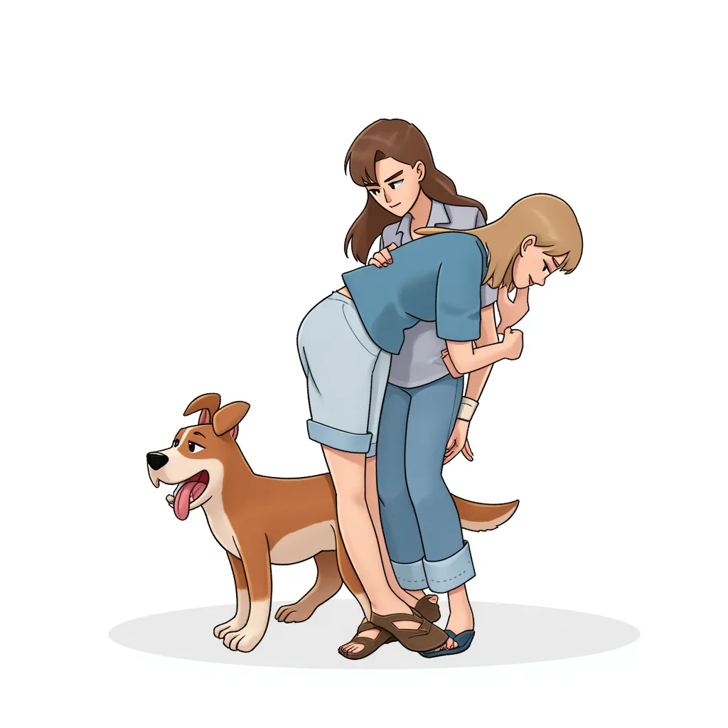 bent over female with a dog behind her