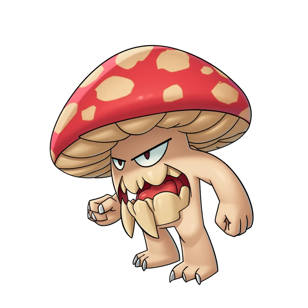cartoon illustration of an angry mushroom creature with a red spotted cap, sharp teeth, and clawed hands, crouched in an aggressive pose, clean line art, soft digital shading, centered on white background, stylized chibi fantasy creature, digital art