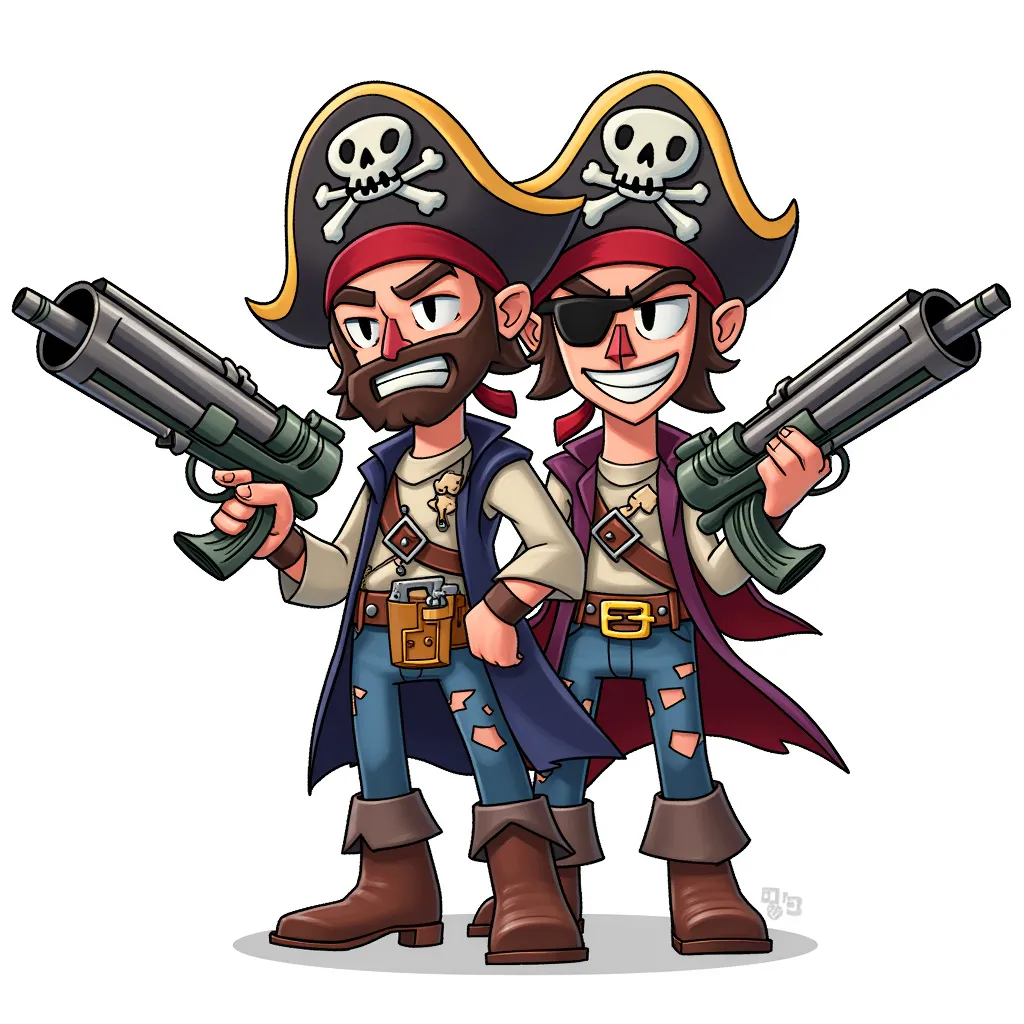 a two-headed pirate with bazooka arms