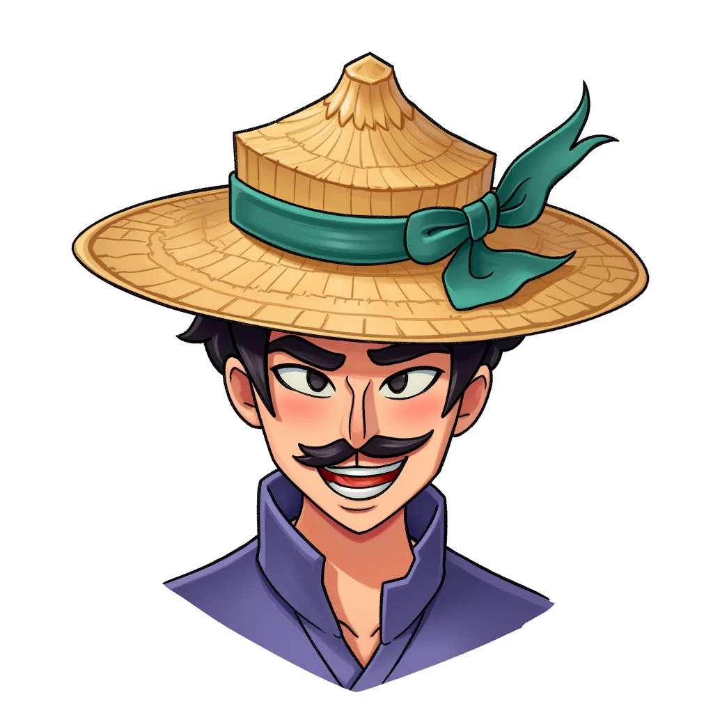 chinese man straw hat, line for eyes