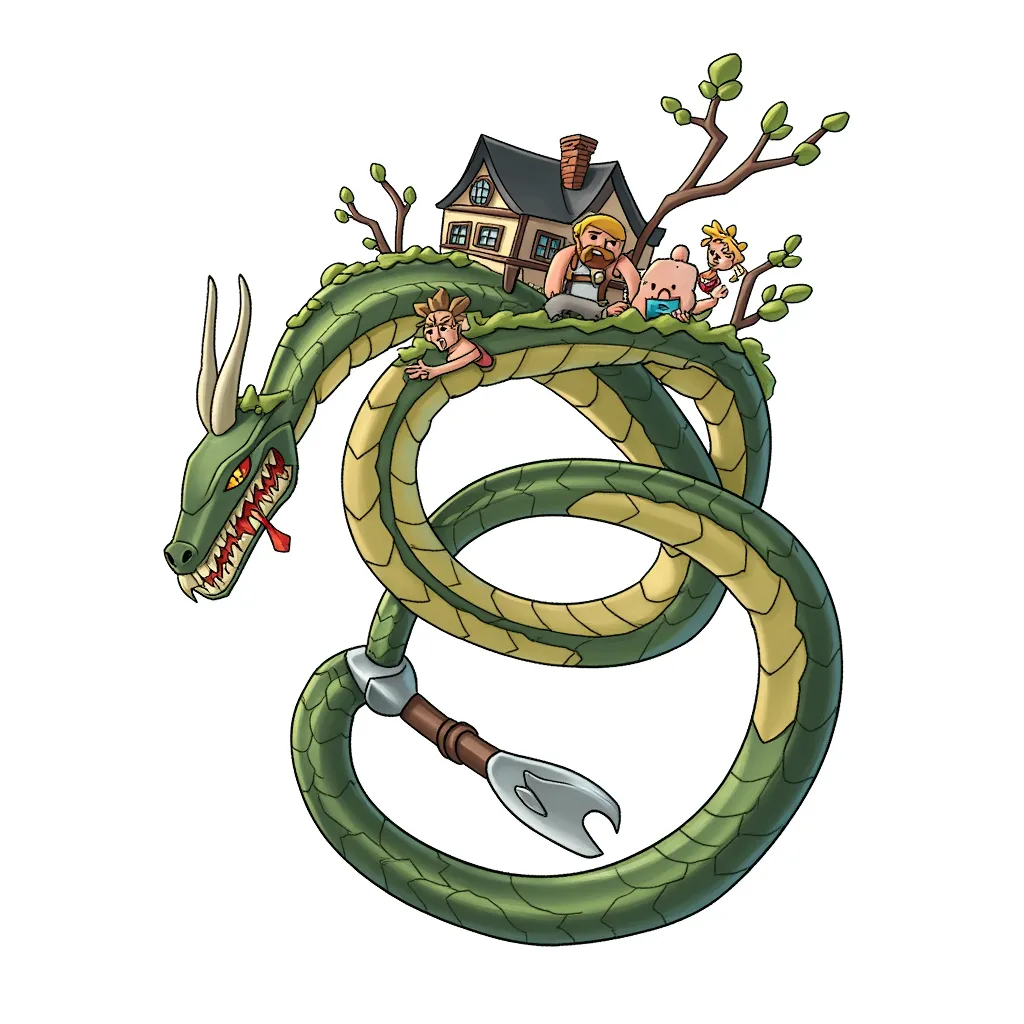 The world serpent, it only stops biting it's tail to fight, and carries the house of a lovely viking family on itself.