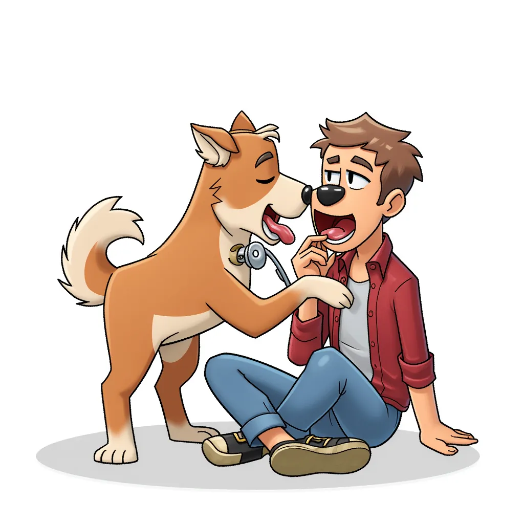 a dog sucking a man's dick. blowjob. oral. in the style of AIBG, white background