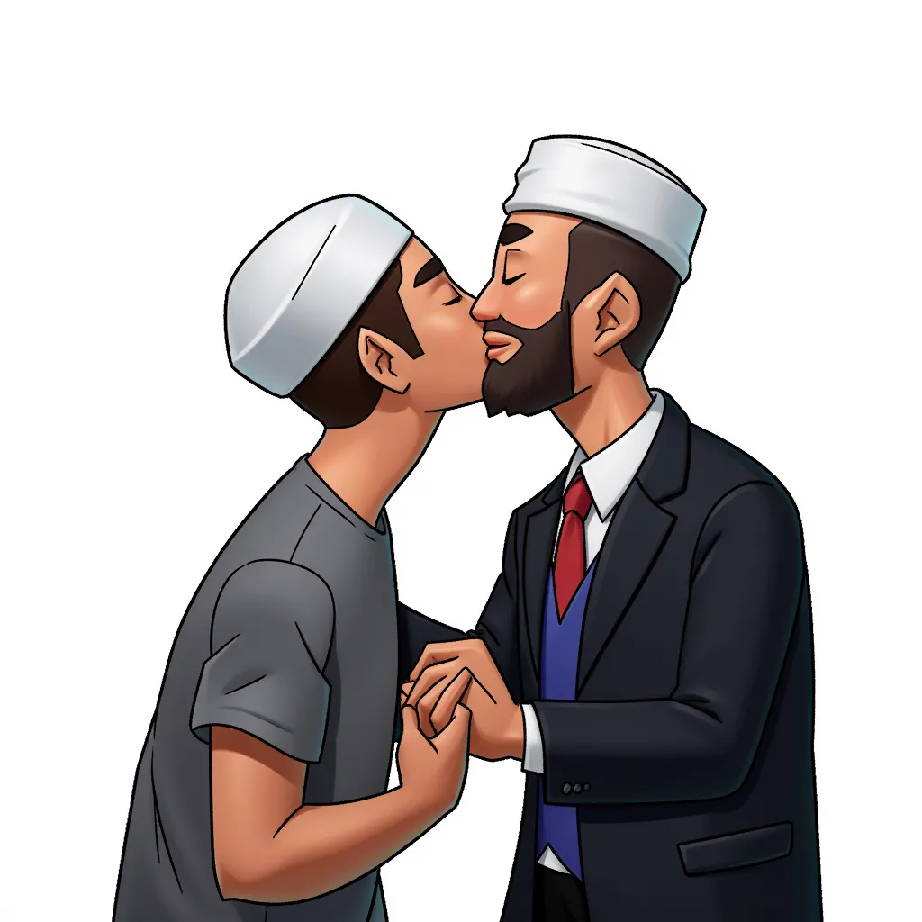 two muslim men kissing