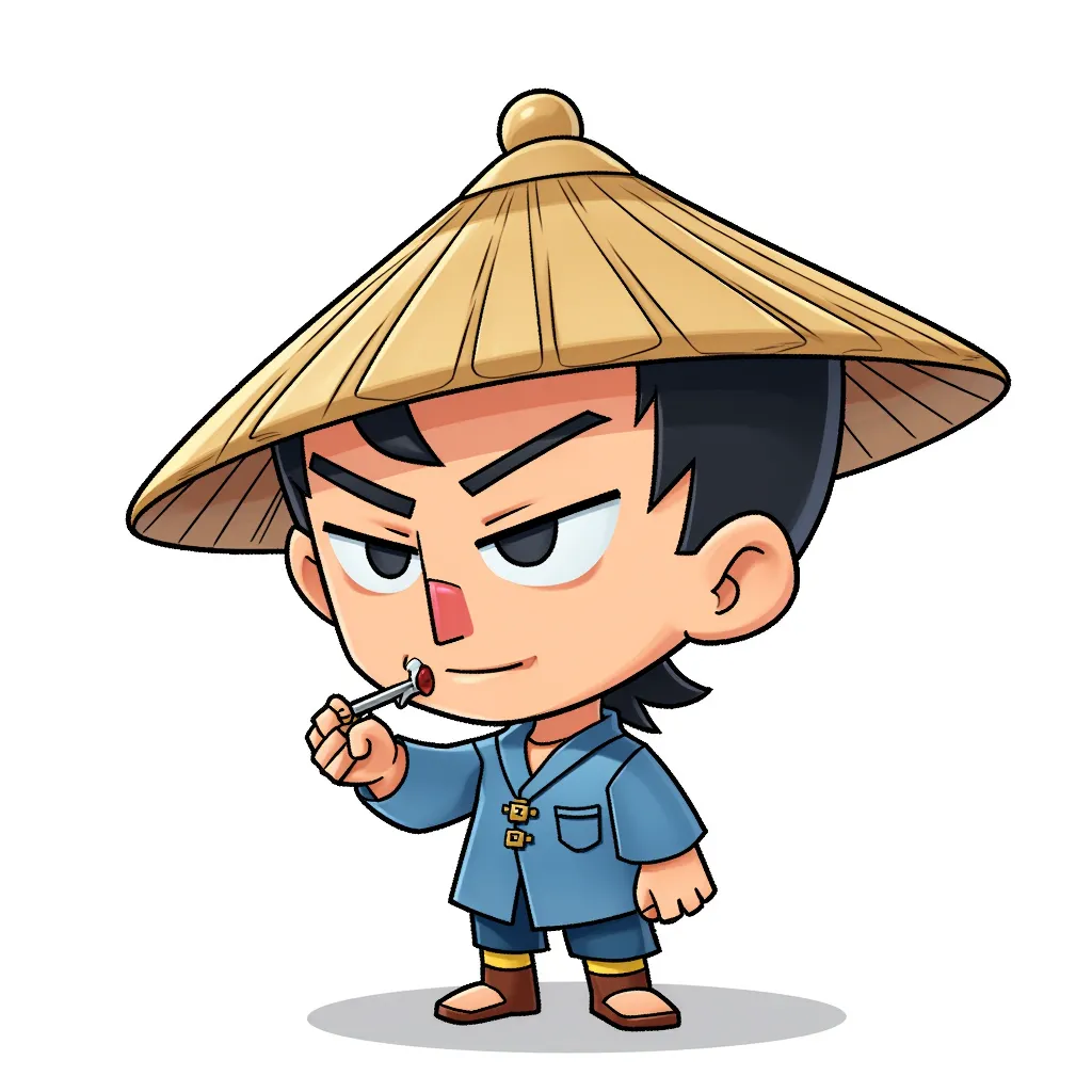 chinese man straw hat, line for eyes in the style of AIBG, white background