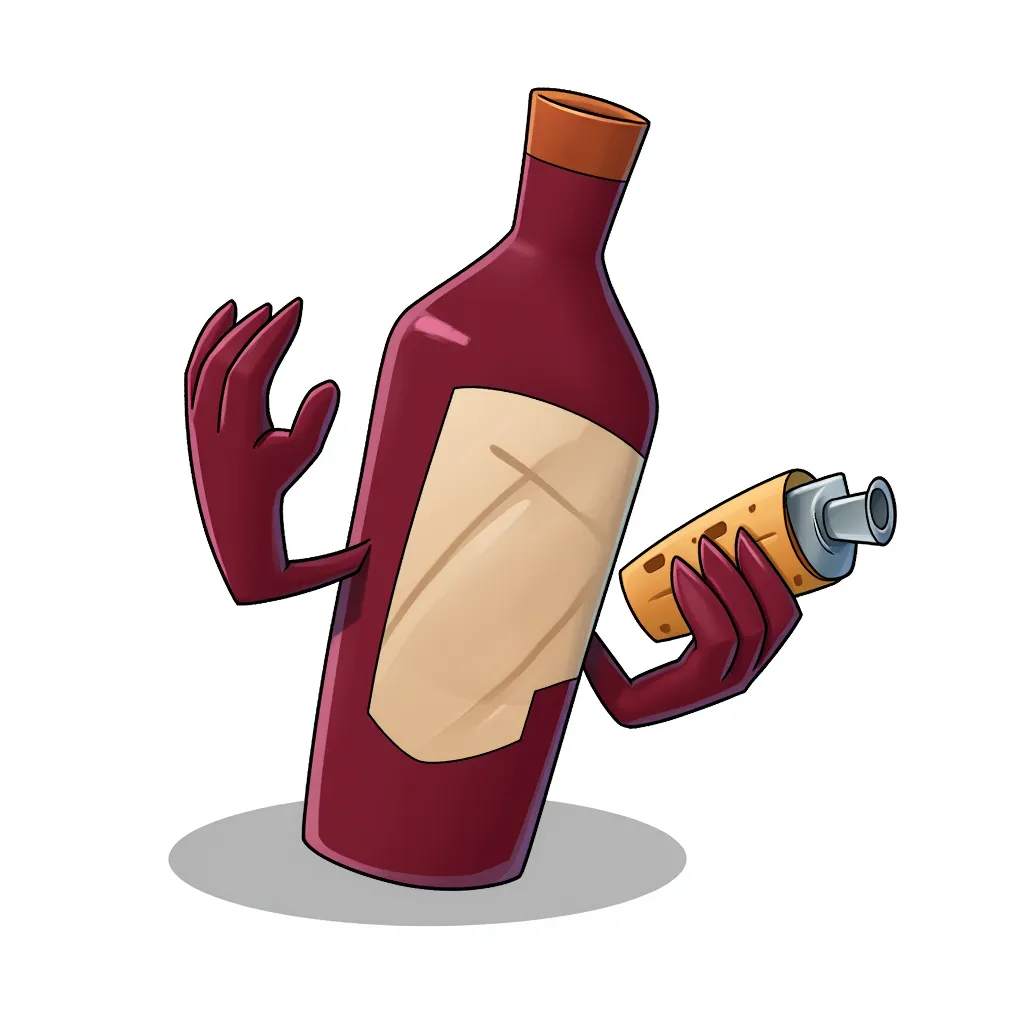 An animated bottle of red wine, with a cork gun and huge arms