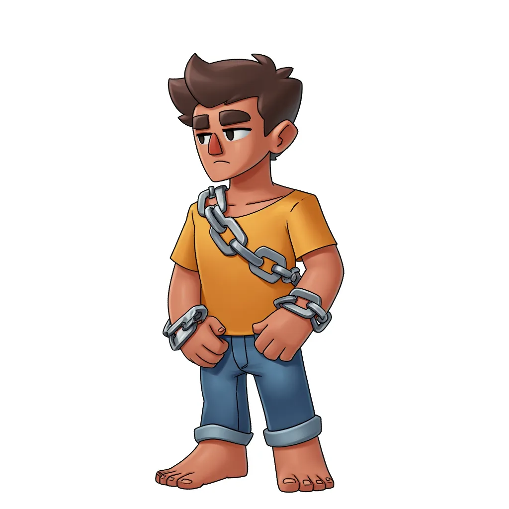 a small brown boy in chains in the style of AIBG, white background