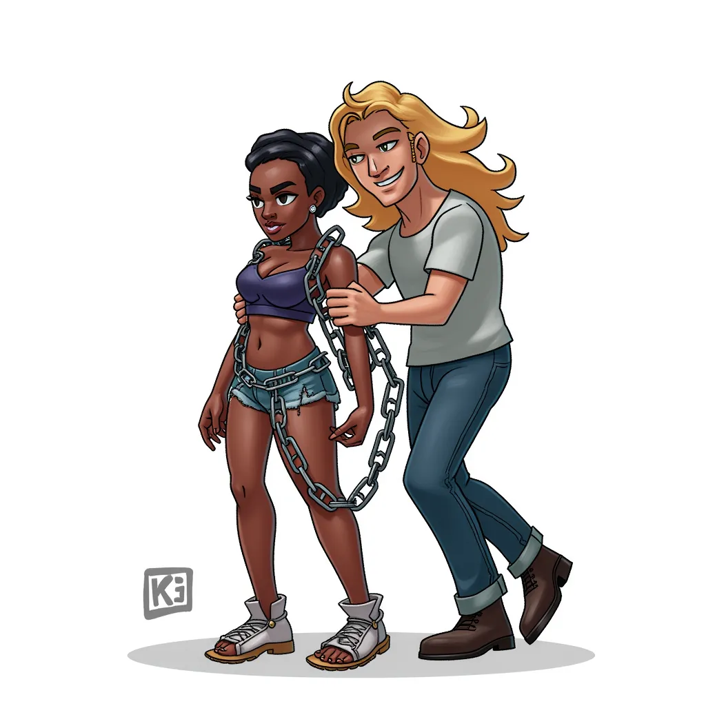 a white man escorting a black woman in chains