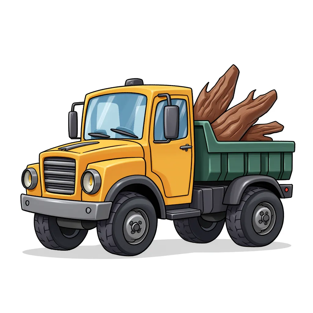 Construction pick up truck from the 90s, it carries two sharpened logs on it's trunk.