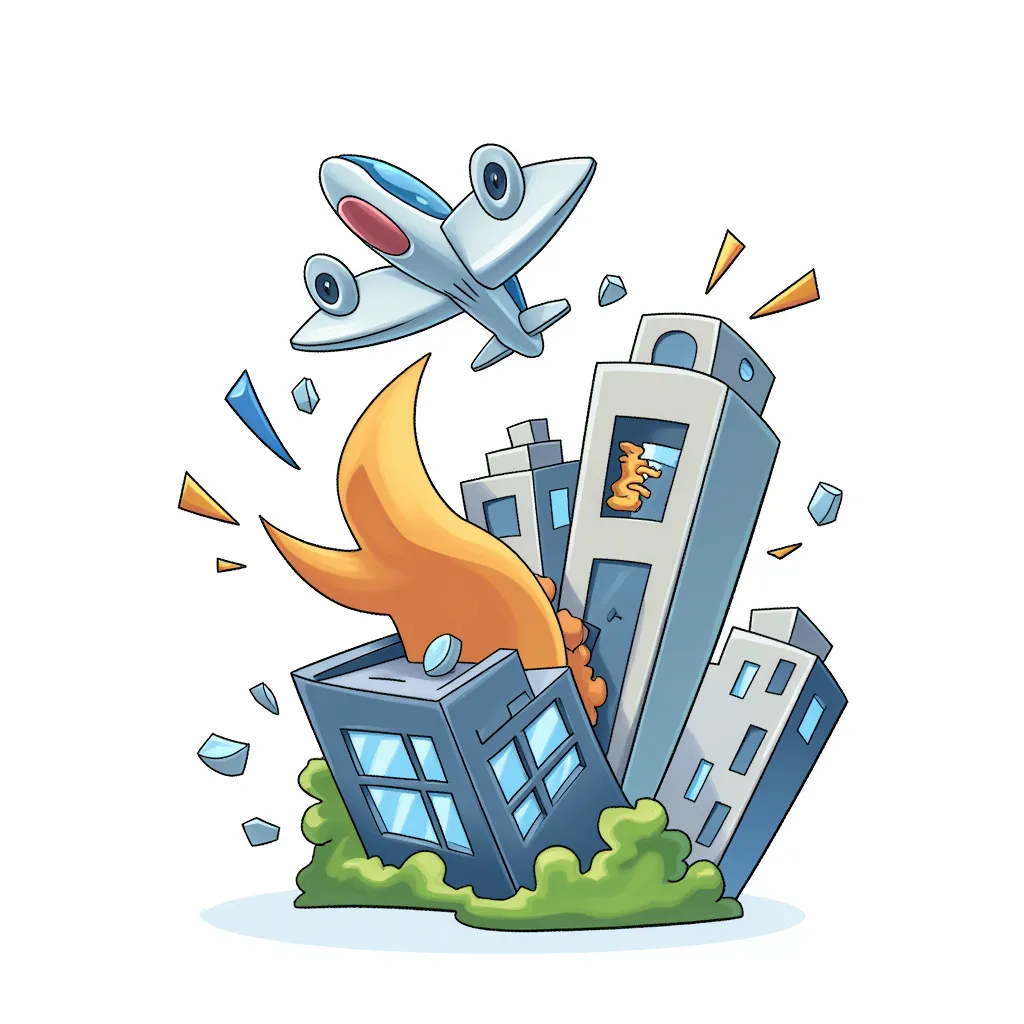 a plane crashing into a building in the style of AIBG, white background