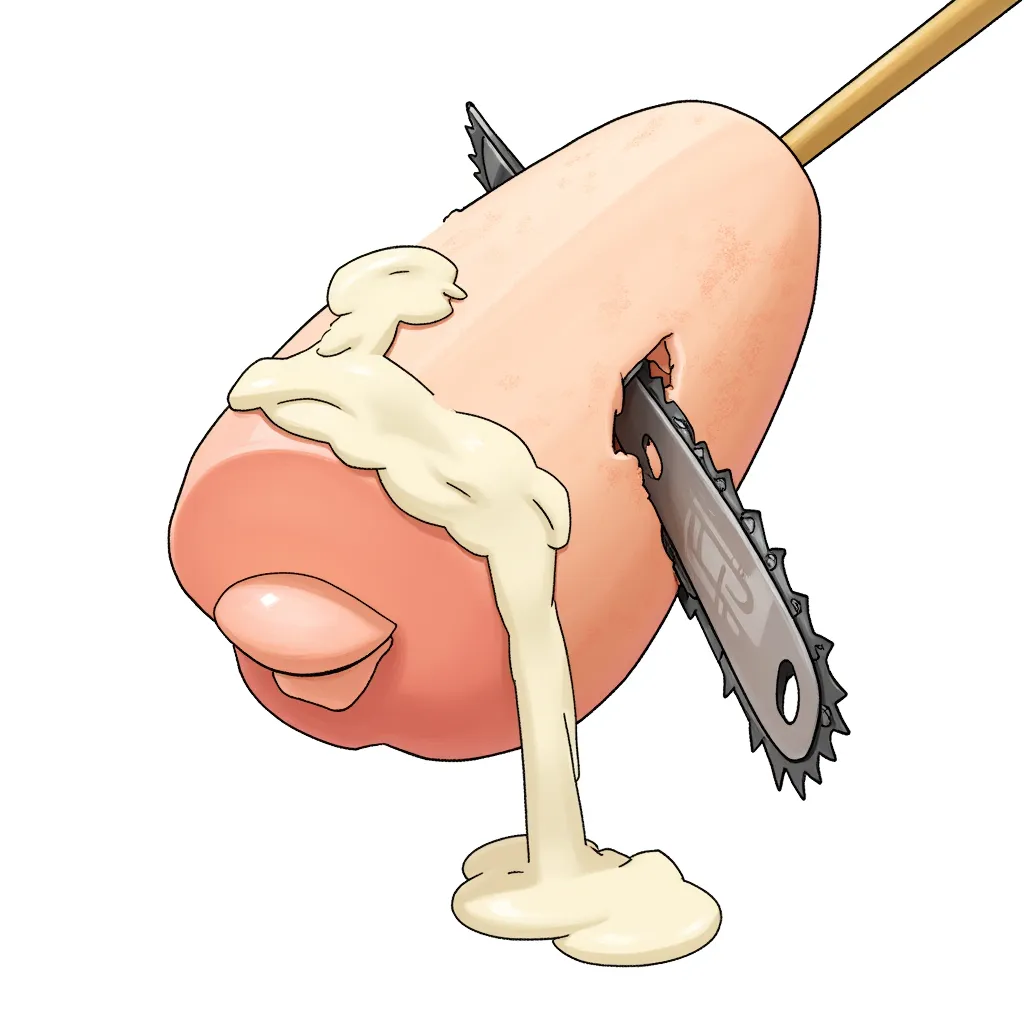 Huge dick accidentally chopped in half by a chain saw, instead of blood, white yogurt spills from the wounds onto the peach ice cream center shaft