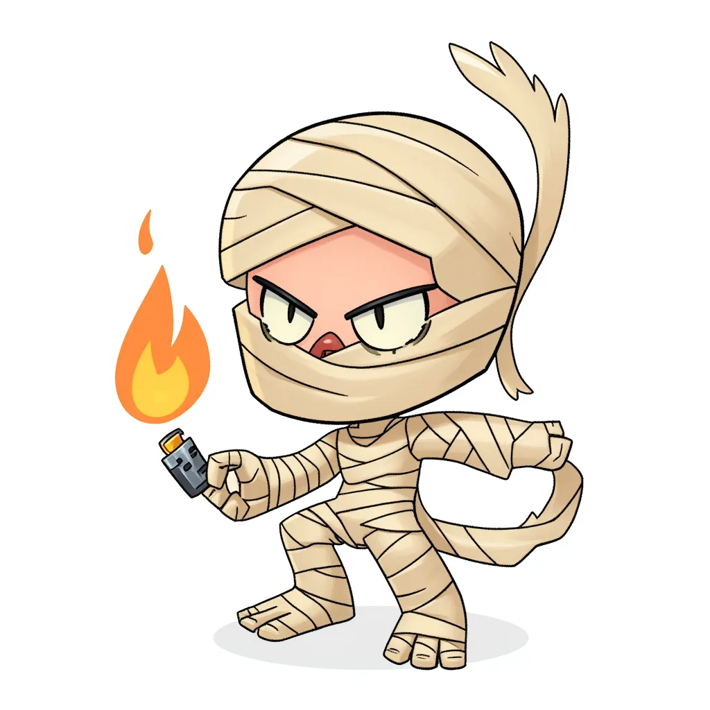cartoon illustration of a mischievous mummy wrapped in beige bandages, crouching and holding a lighter with one hand and a burning torch in the other, playful expression, clean outlines, soft digital shading, centered on white background, stylized chibi character design