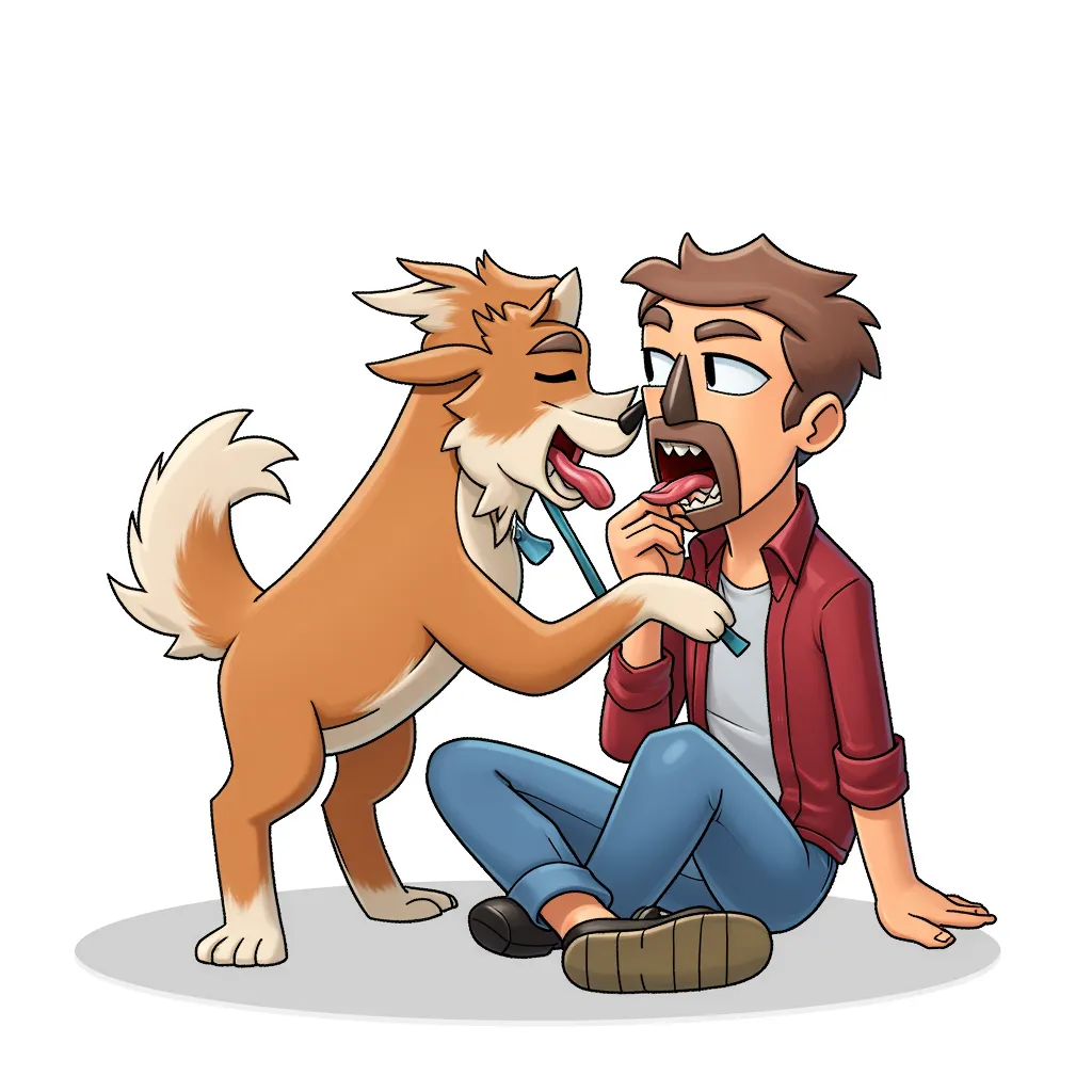 dog sucking a man's dick, oral, blowjob in the style of AIBG, white background