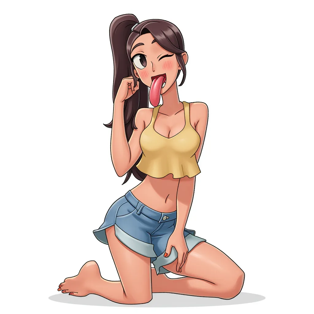 female kneeling, mouth open, tongue out
