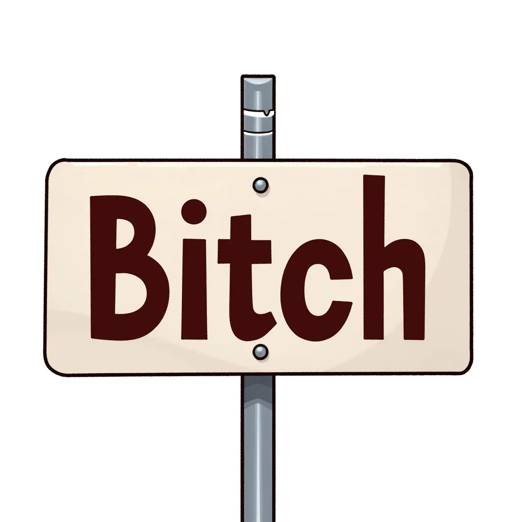 A sign with the word “Bitch” on it in the style of AIBG, white background