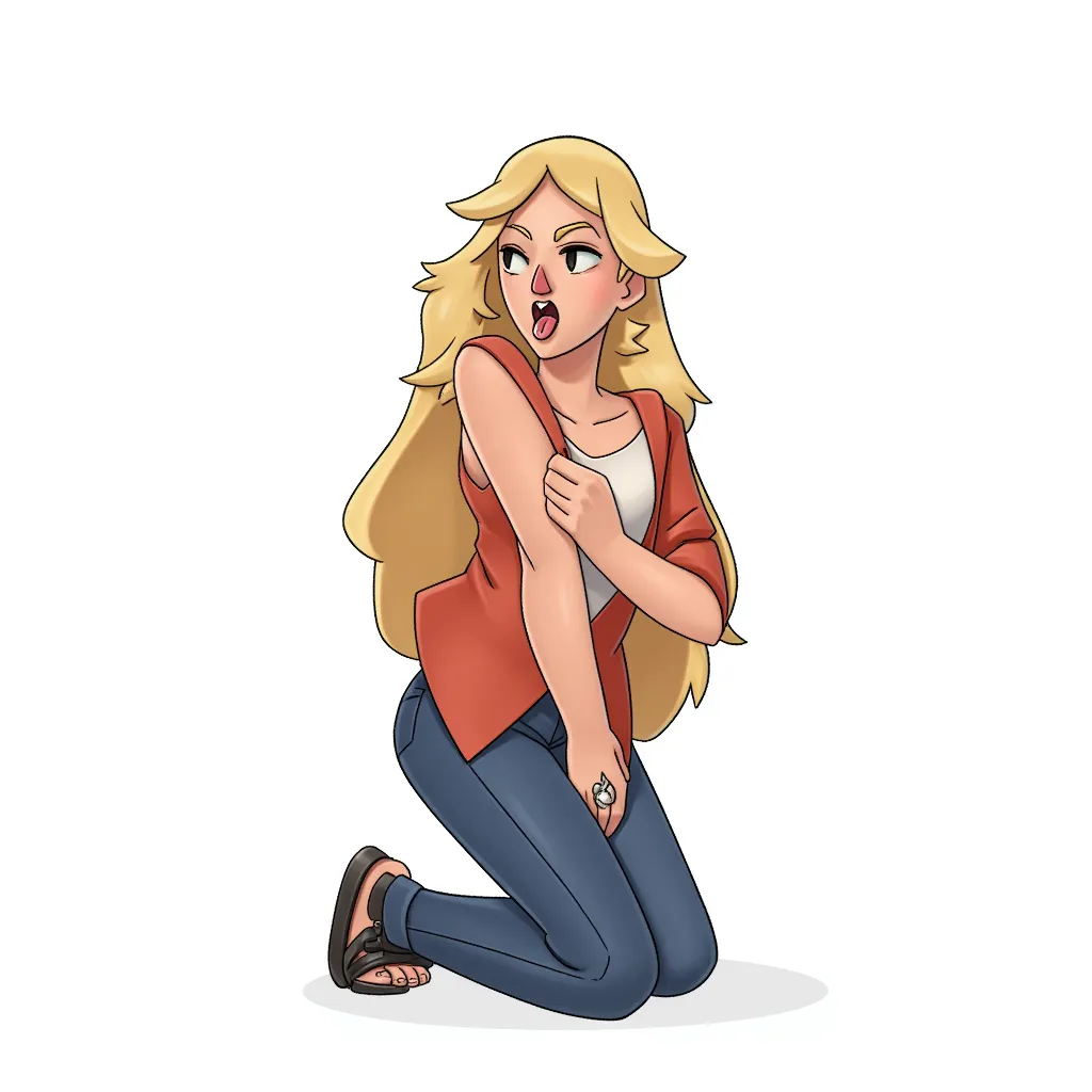 female kneeling, mouth open, tongue out in the style of AIBG, white background